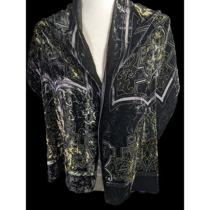 Chicos Black Burnt Velvet Scarf With Gold Baroque Print