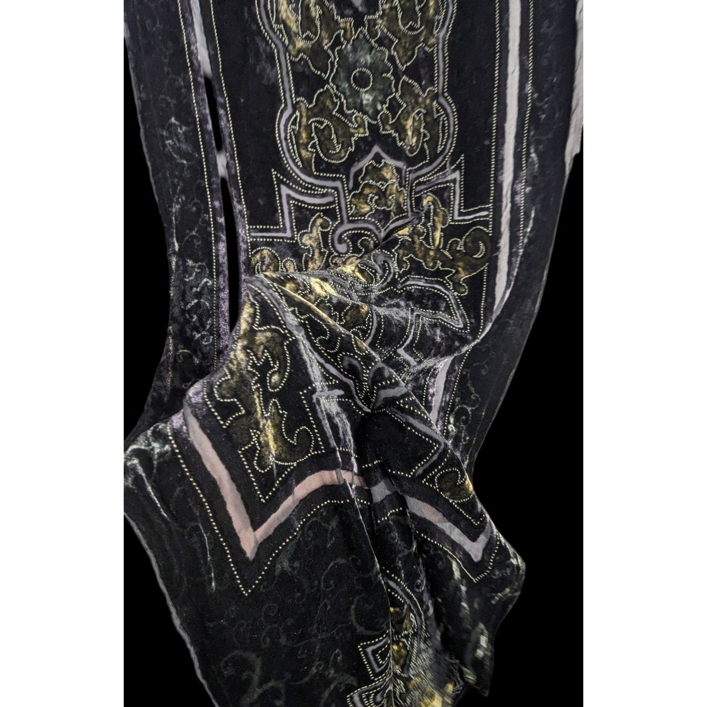 Chicos Black Burnt Velvet Scarf With Gold Baroque Print