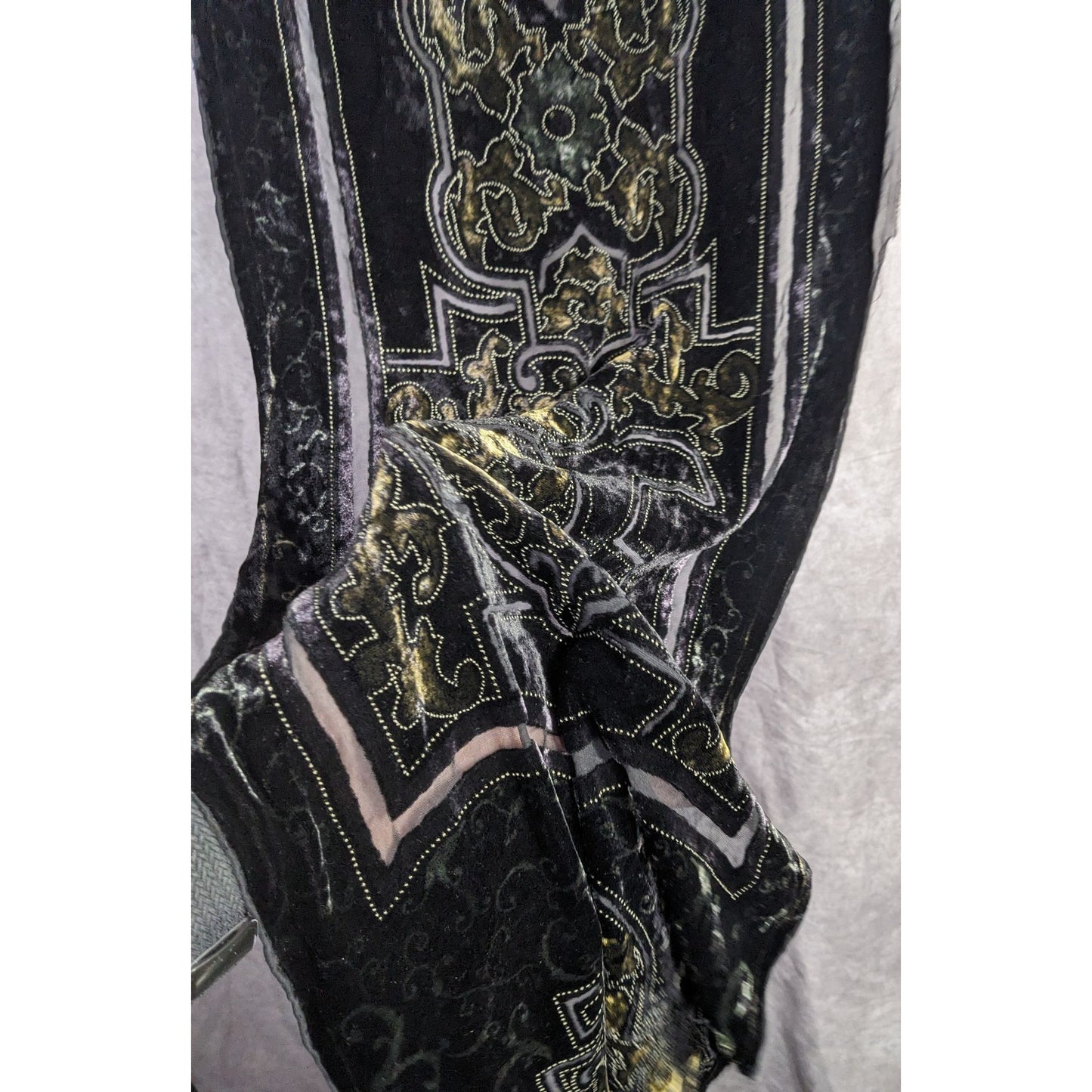 Chicos Black Burnt Velvet Scarf With Gold Baroque Print