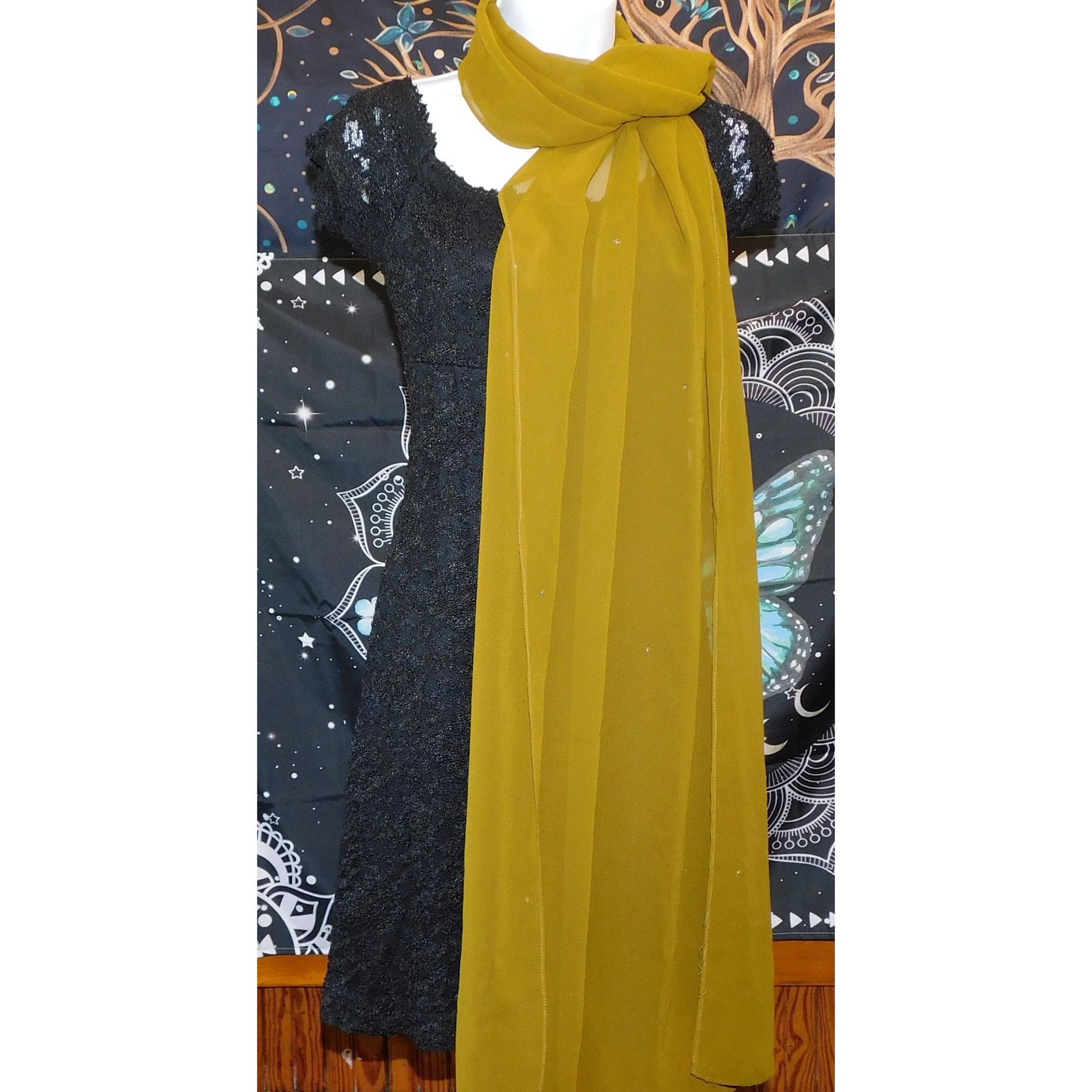 Olive Chiffon Wrap Scarf With Sequin Accents 96x28 Inches
