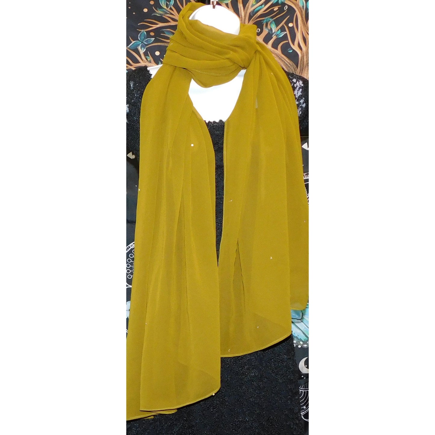 Olive Chiffon Wrap Scarf With Sequin Accents 96x28 Inches