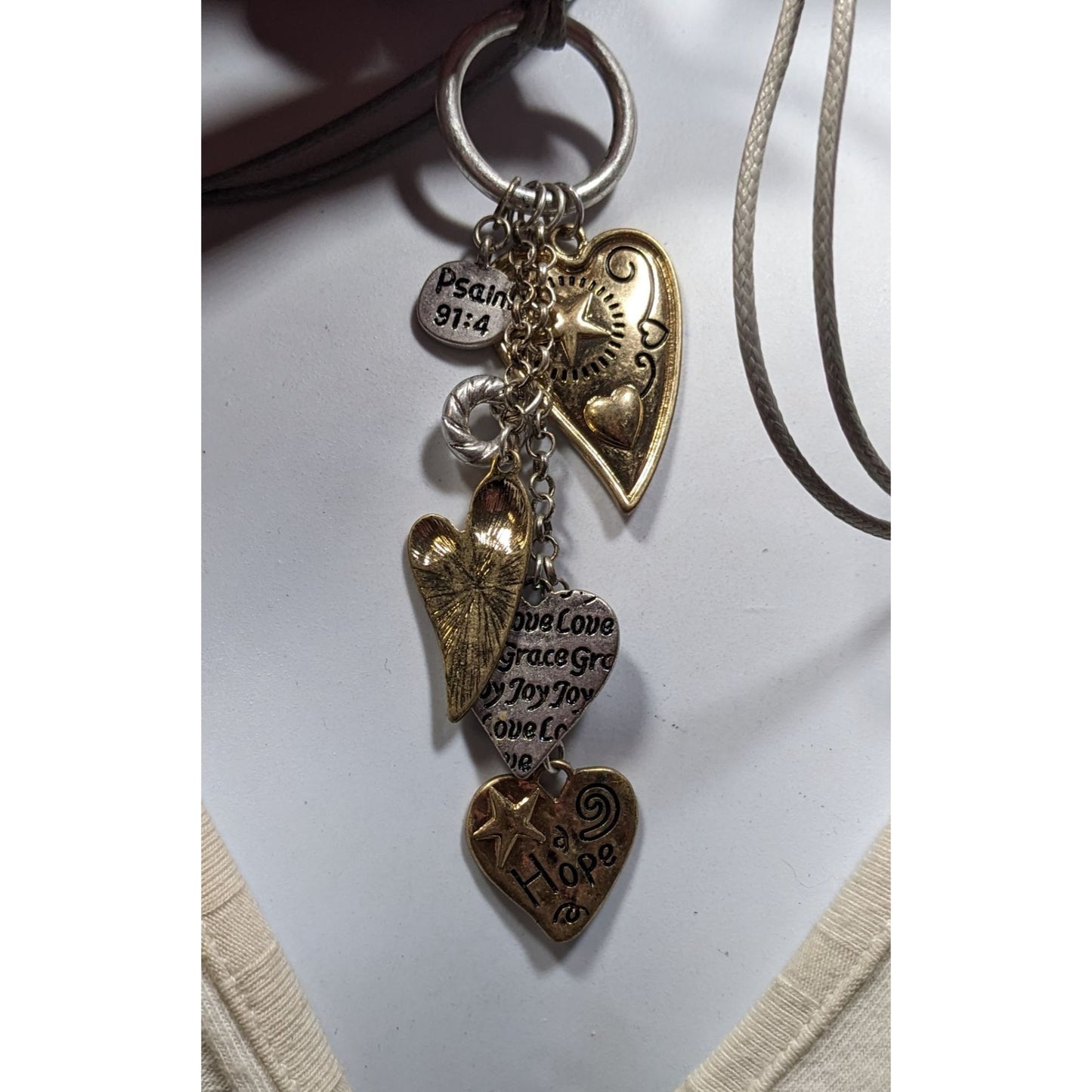 C Est 1946 Religious Heart Charm Tassel Necklace