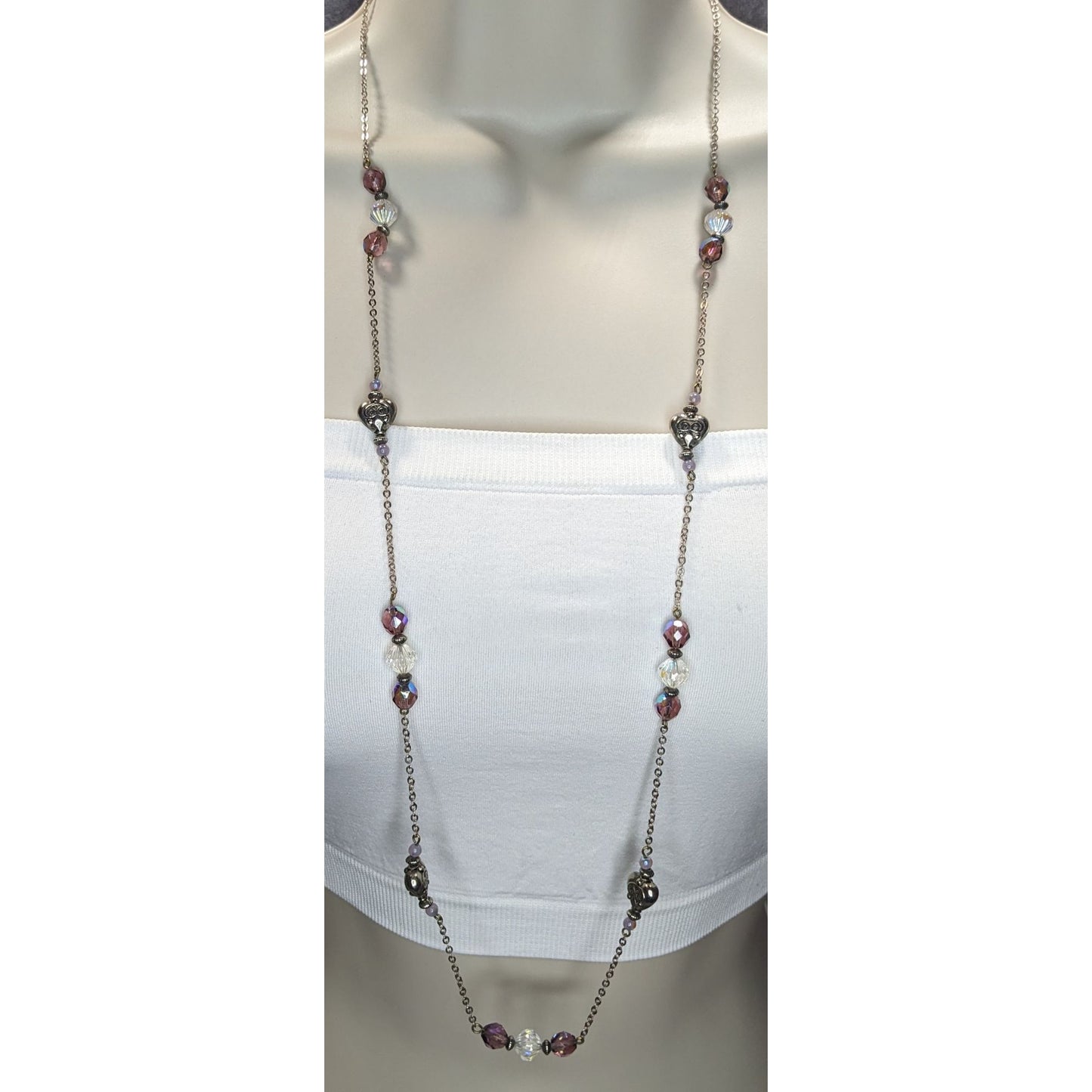Long Purple Crystal Beaded Station Necklace Silver Heart Accents Vintage Style