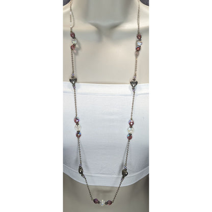 Long Purple Crystal Beaded Station Necklace Silver Heart Accents Vintage Style