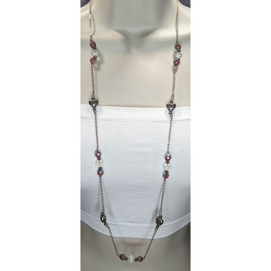 Long Purple Crystal Beaded Station Necklace Silver Heart Accents Vintage Style