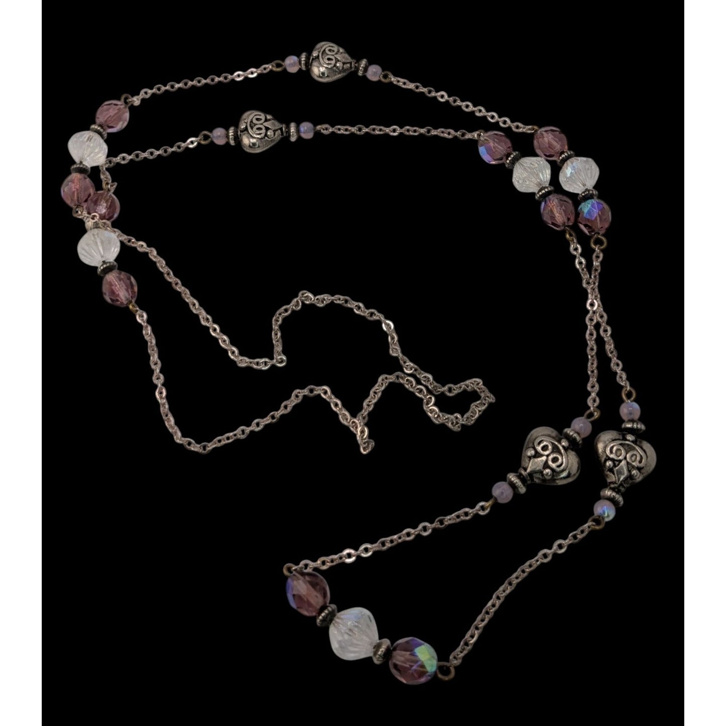 Long Purple Crystal Beaded Station Necklace Silver Heart Accents Vintage Style