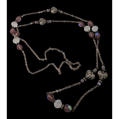 Long Purple Crystal Beaded Station Necklace Silver Heart Accents Vintage Style