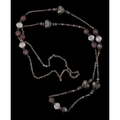 Long Purple Crystal Beaded Station Necklace Silver Heart Accents Vintage Style