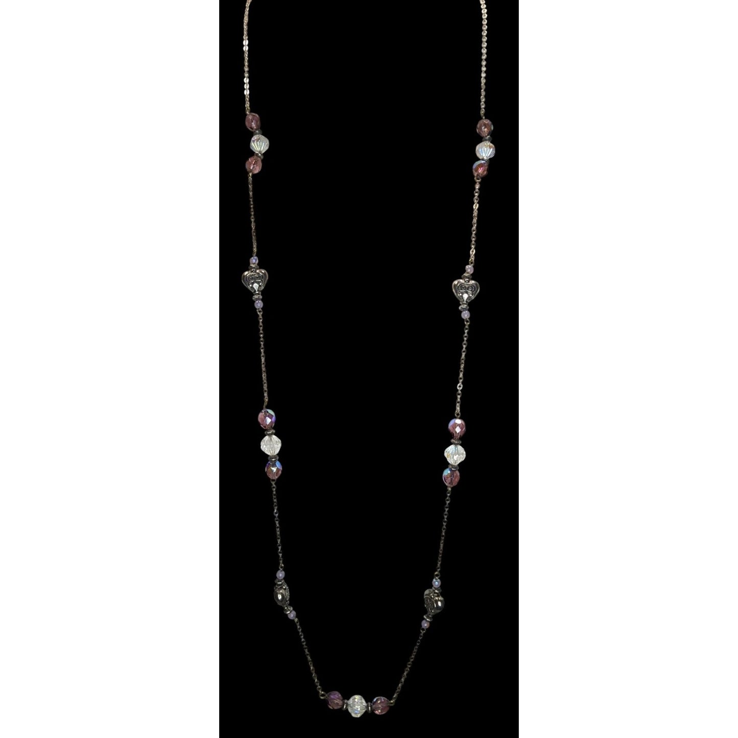 Long Purple Crystal Beaded Station Necklace Silver Heart Accents Vintage Style