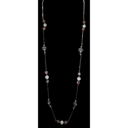 Long Purple Crystal Beaded Station Necklace Silver Heart Accents Vintage Style