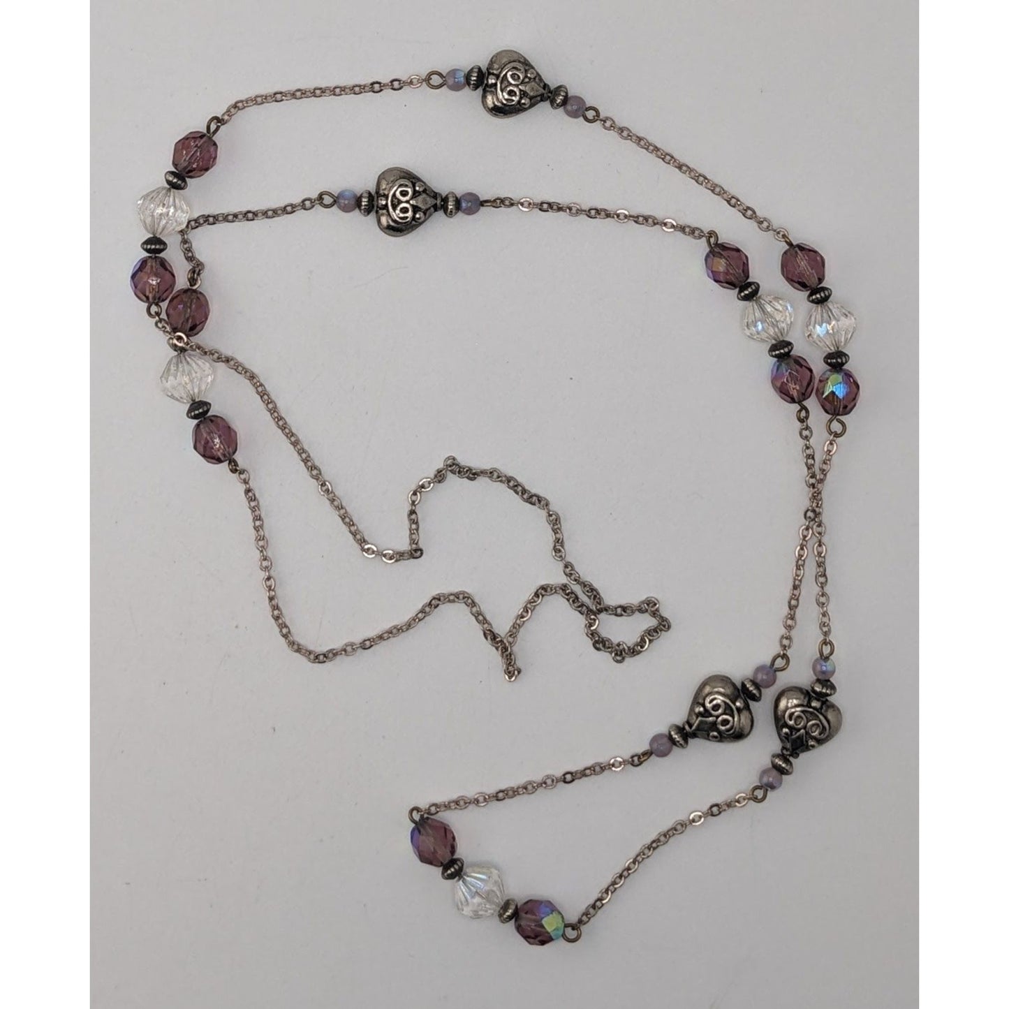 Long Purple Crystal Beaded Station Necklace Silver Heart Accents Vintage Style