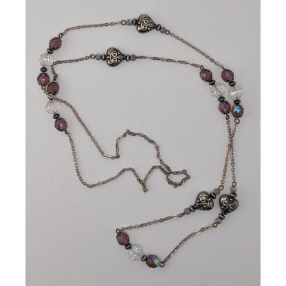 Long Purple Crystal Beaded Station Necklace Silver Heart Accents Vintage Style