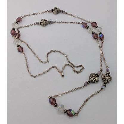 Long Purple Crystal Beaded Station Necklace Silver Heart Accents Vintage Style
