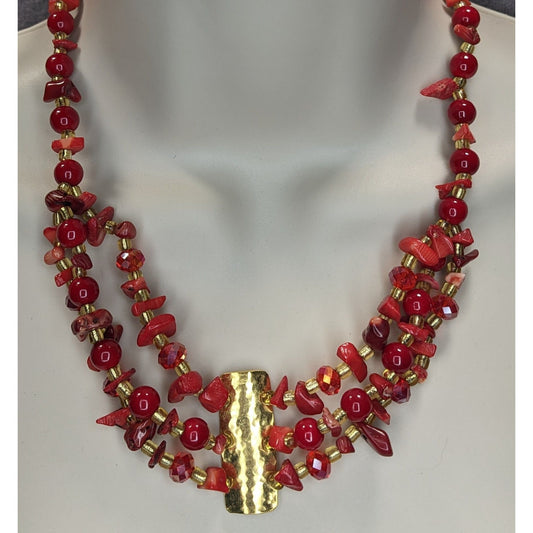 Boho Coastal Vintage Red Coral Chip Beaded Necklace Natural Statement Jewelry