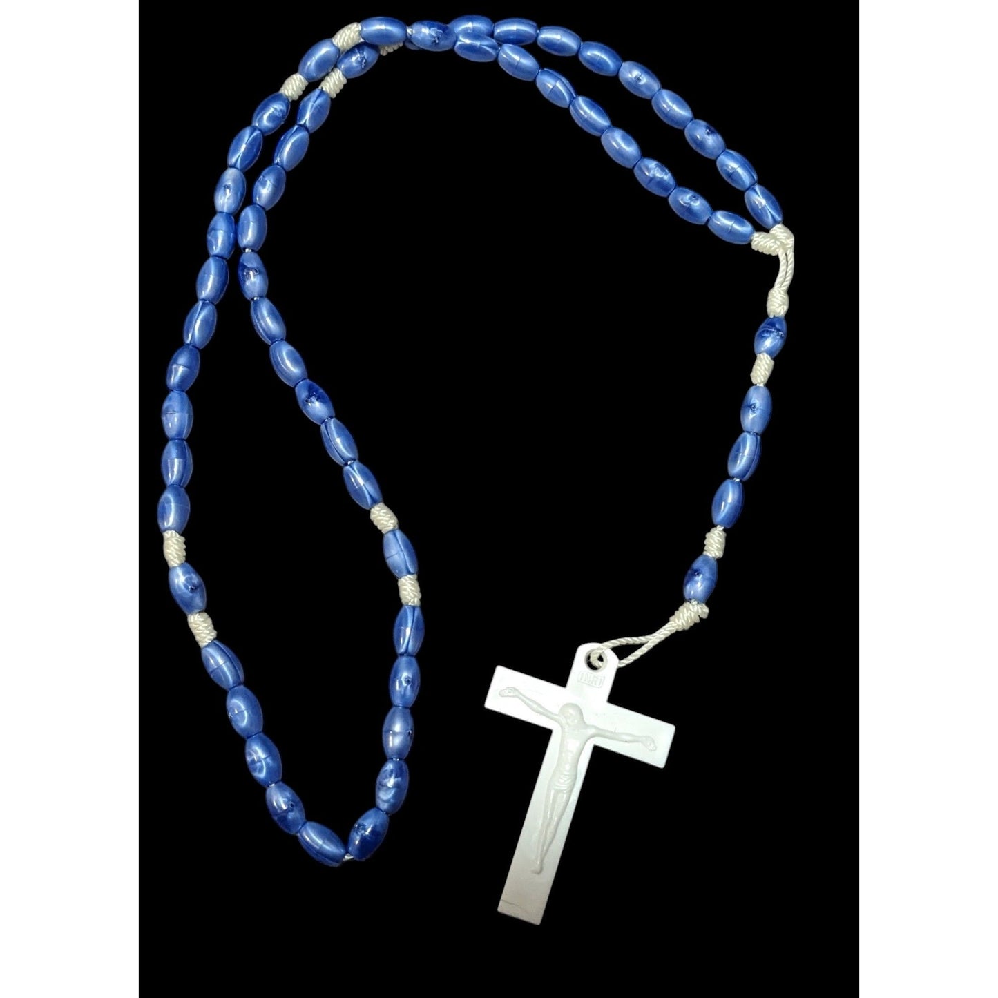 Blue And White Plastic Beaded Rosary Necklace
