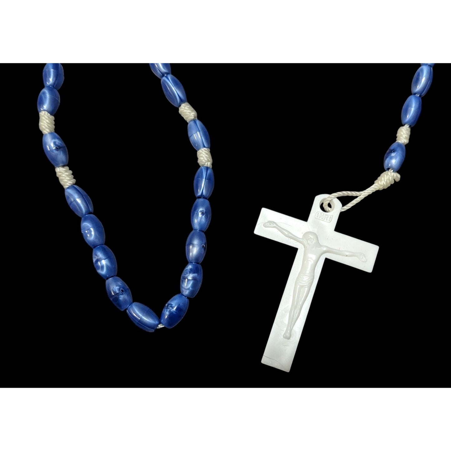 Blue And White Plastic Beaded Rosary Necklace