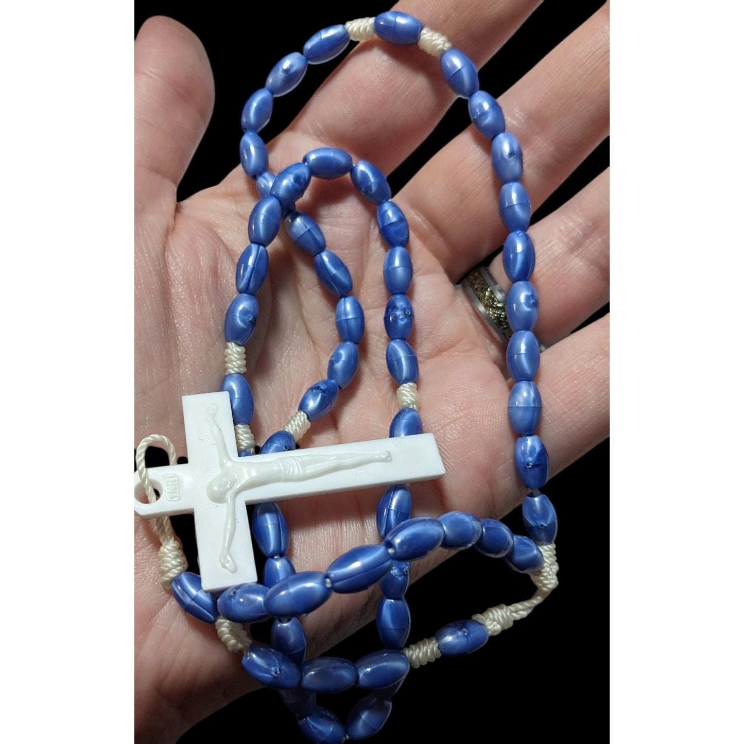 Blue And White Plastic Beaded Rosary Necklace