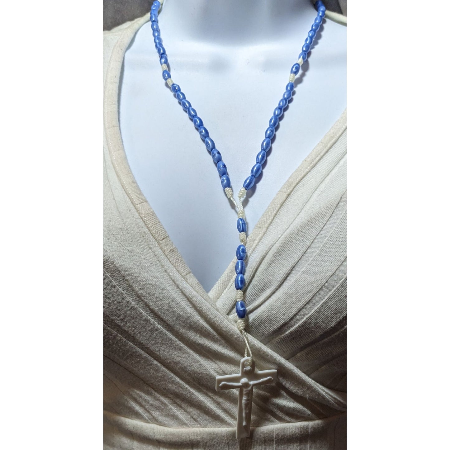 Blue And White Plastic Beaded Rosary Necklace