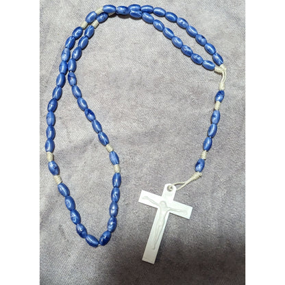 Blue And White Plastic Beaded Rosary Necklace