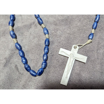 Blue And White Plastic Beaded Rosary Necklace