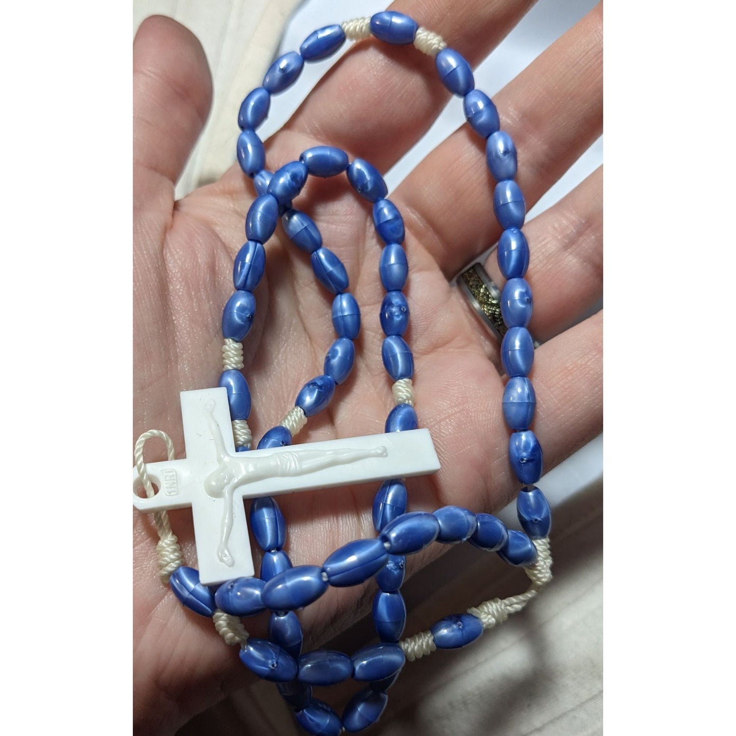 Blue And White Plastic Beaded Rosary Necklace