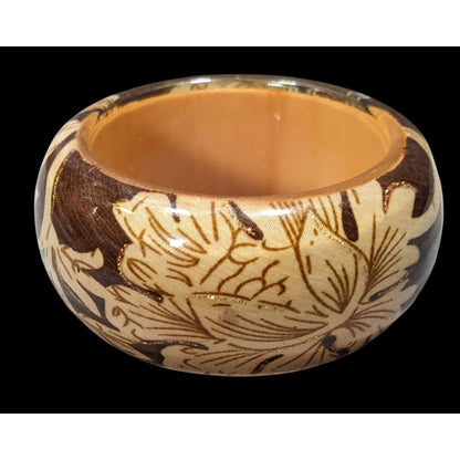 Vintage Floral Chunky Wood And Fabric Under Acrylic Bracelet