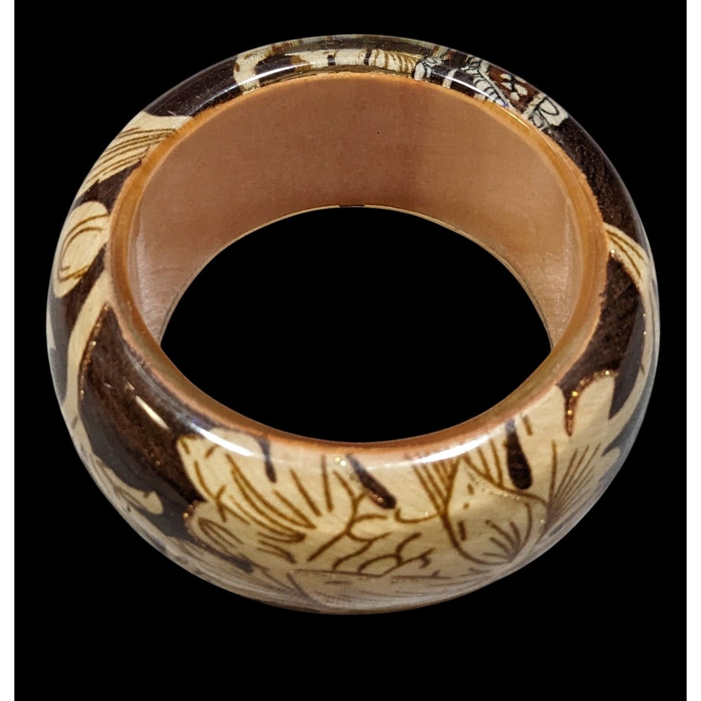 Vintage Floral Chunky Wood And Fabric Under Acrylic Bracelet