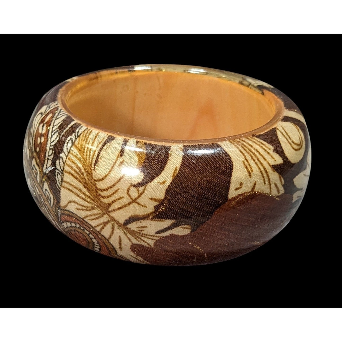 Vintage Floral Chunky Wood And Fabric Under Acrylic Bracelet