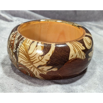 Vintage Floral Chunky Wood And Fabric Under Acrylic Bracelet