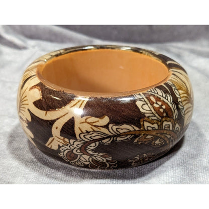 Vintage Floral Chunky Wood And Fabric Under Acrylic Bracelet