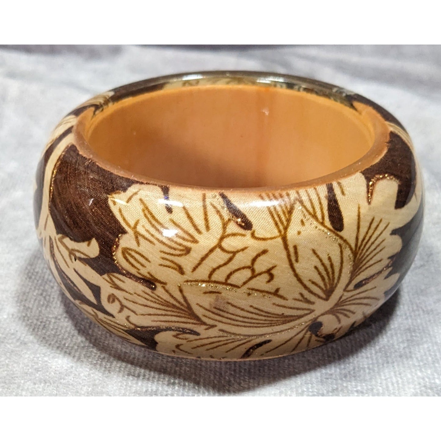 Vintage Floral Chunky Wood And Fabric Under Acrylic Bracelet