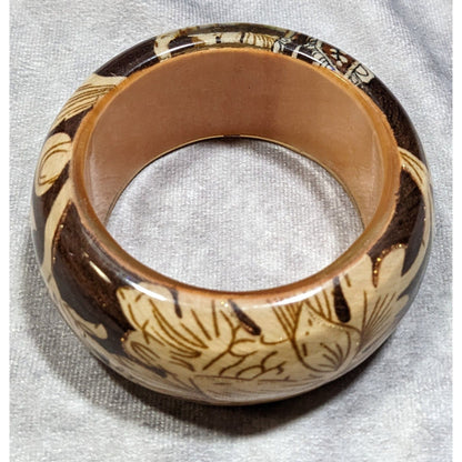 Vintage Floral Chunky Wood And Fabric Under Acrylic Bracelet