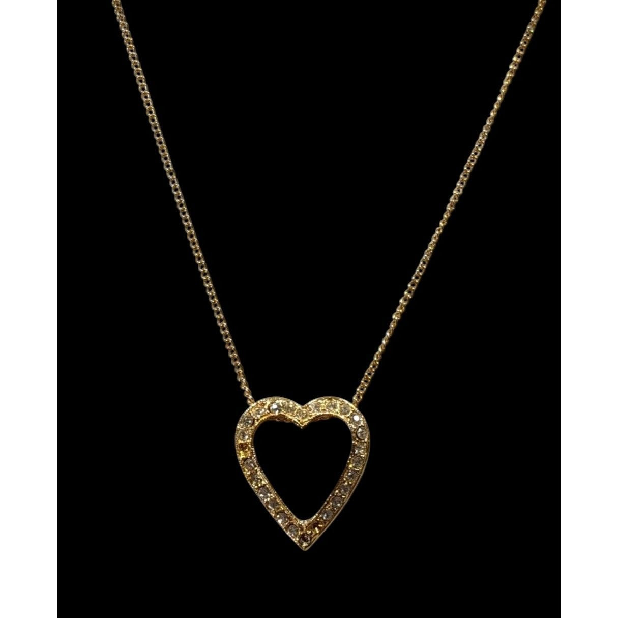 Elegant Open Heart Rhinestone Gold Tone Pendant Necklace