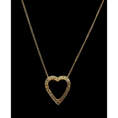 Elegant Open Heart Rhinestone Gold Tone Pendant Necklace