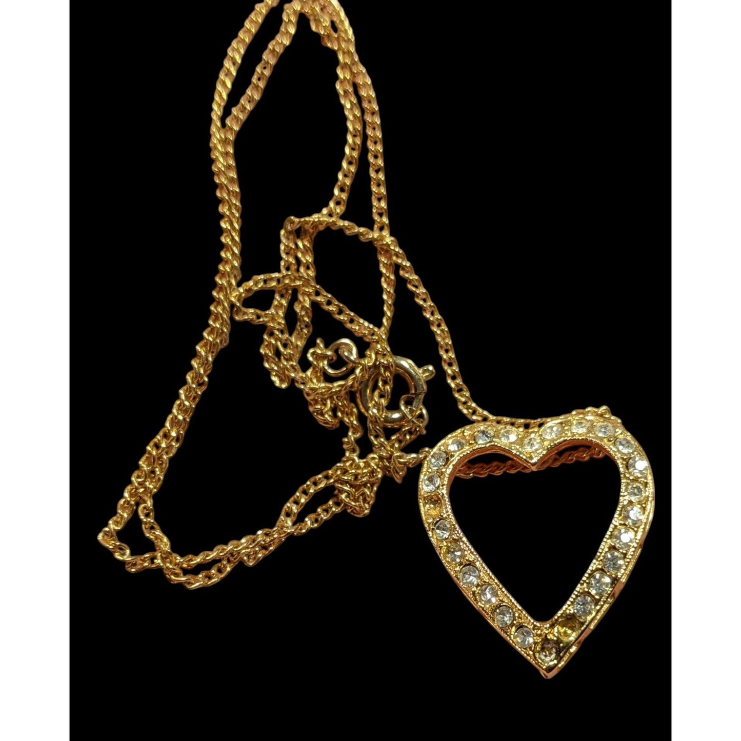 Elegant Open Heart Rhinestone Gold Tone Pendant Necklace