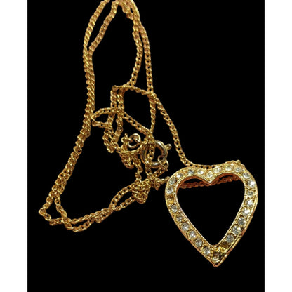 Elegant Open Heart Rhinestone Gold Tone Pendant Necklace