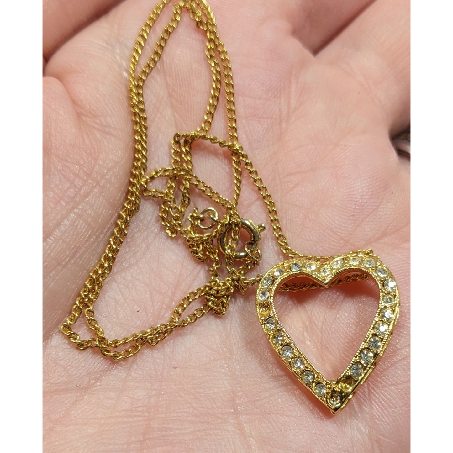 Elegant Open Heart Rhinestone Gold Tone Pendant Necklace