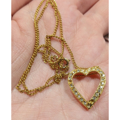 Elegant Open Heart Rhinestone Gold Tone Pendant Necklace