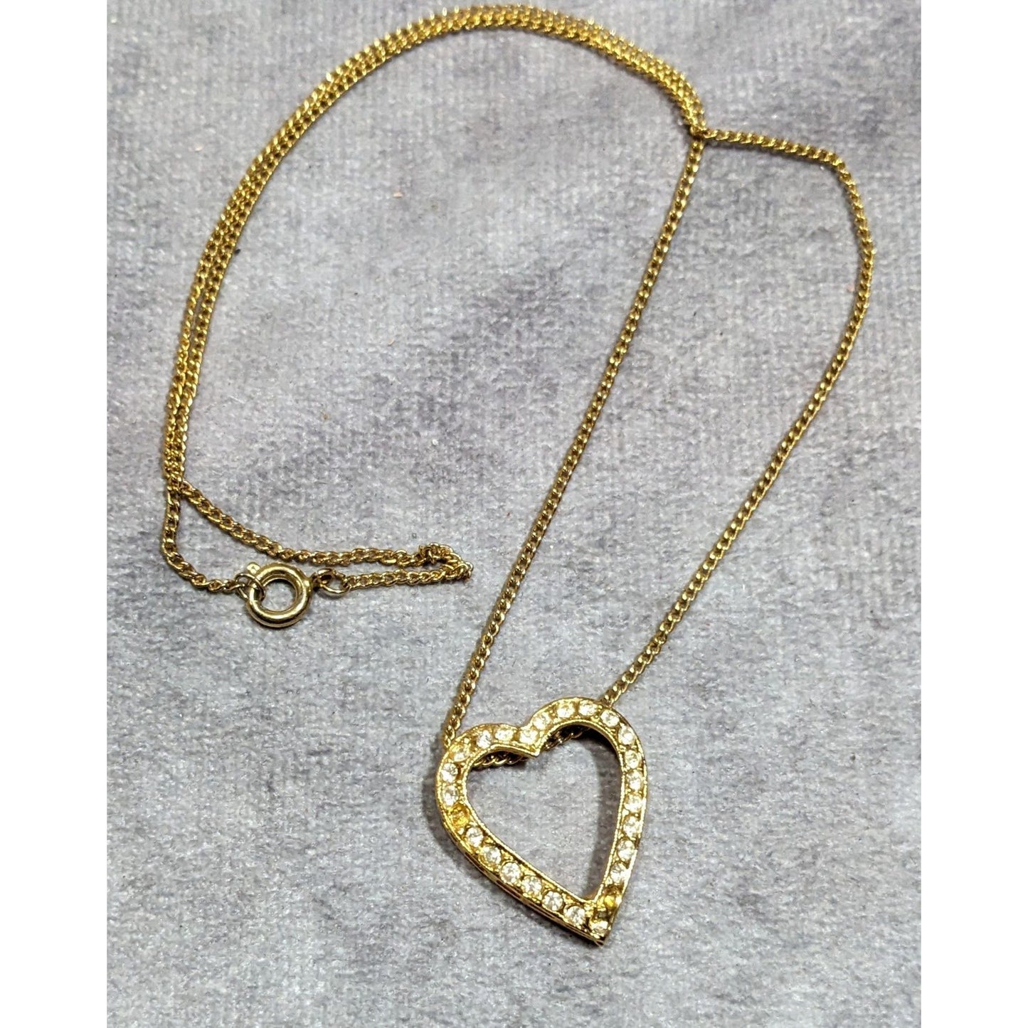 Elegant Open Heart Rhinestone Gold Tone Pendant Necklace