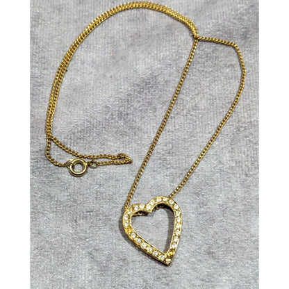 Elegant Open Heart Rhinestone Gold Tone Pendant Necklace