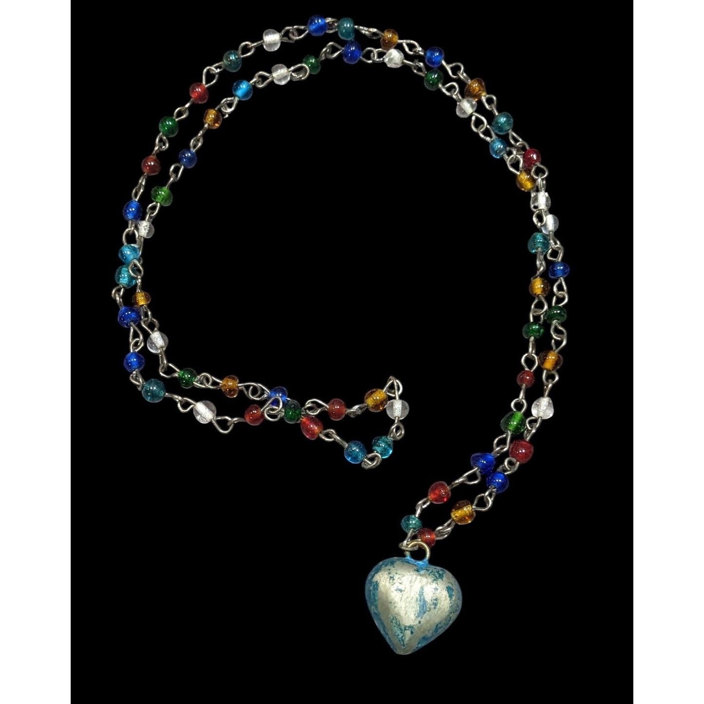 Rustic Romantic Rainbow Glass Beaded Necklace With Distressed Puffed Heart Pendant