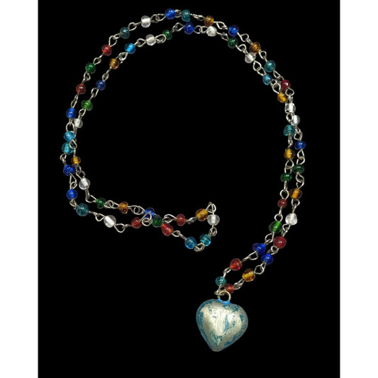Rustic Romantic Rainbow Glass Beaded Necklace With Distressed Puffed Heart Pendant