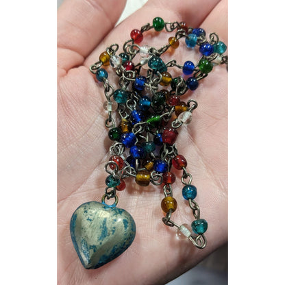 Rustic Romantic Rainbow Glass Beaded Necklace With Distressed Puffed Heart Pendant