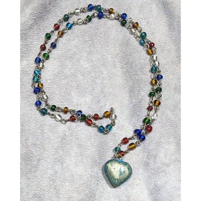 Rustic Romantic Rainbow Glass Beaded Necklace With Distressed Puffed Heart Pendant