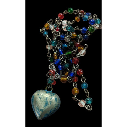 Rustic Romantic Rainbow Glass Beaded Necklace With Distressed Puffed Heart Pendant