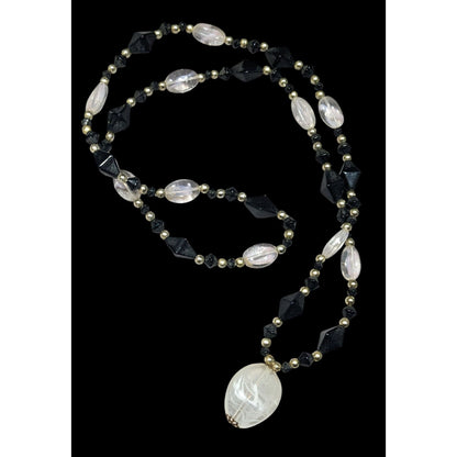 Black And Clear Glass Beaded Necklace With Milky Acrylic Pendant