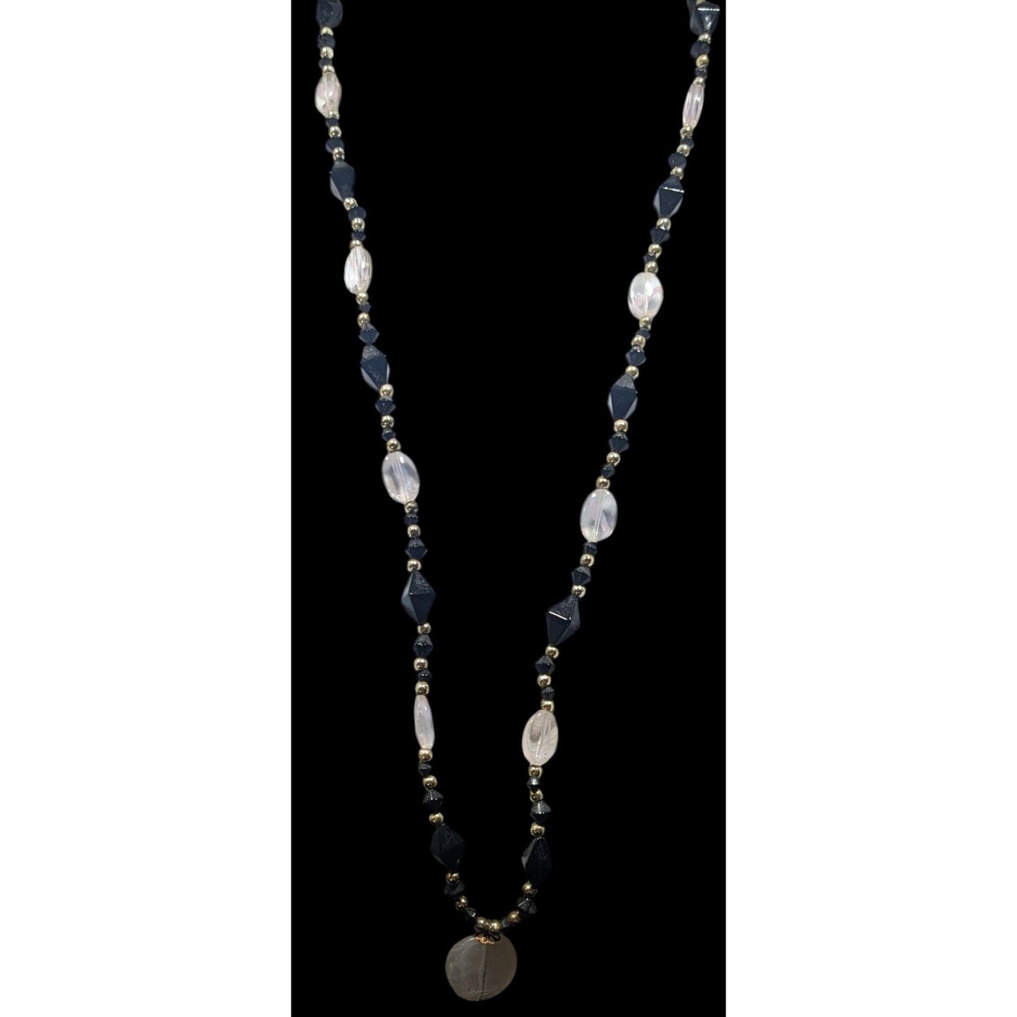 Black And Clear Glass Beaded Necklace With Milky Acrylic Pendant