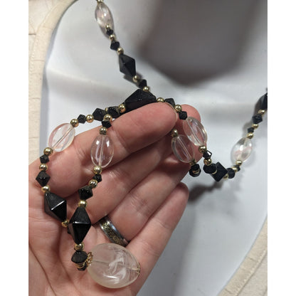 Black And Clear Glass Beaded Necklace With Milky Acrylic Pendant