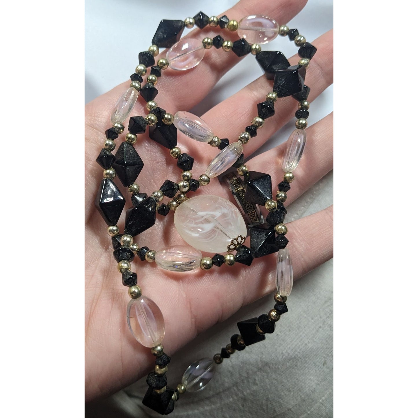 Black And Clear Glass Beaded Necklace With Milky Acrylic Pendant