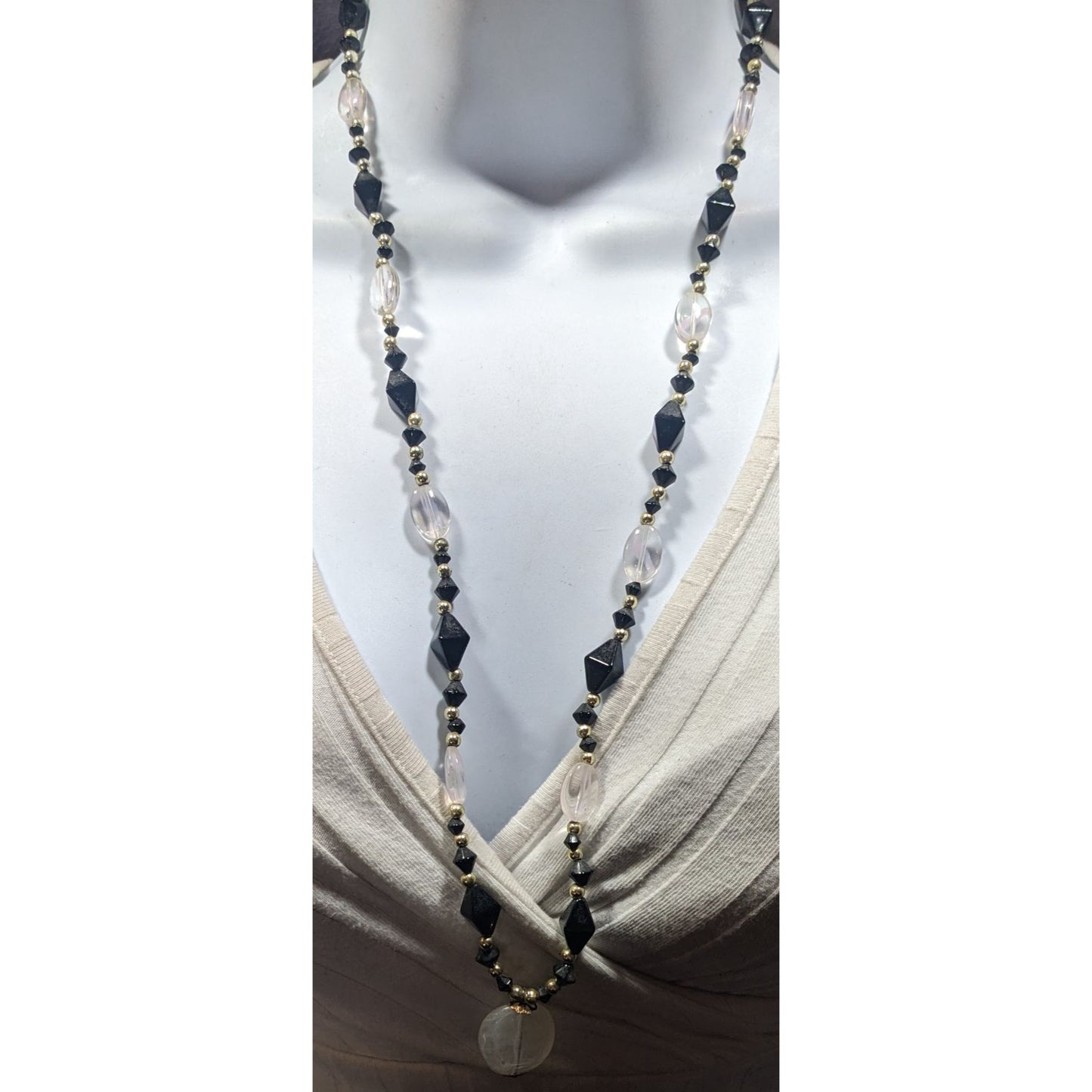 Black And Clear Glass Beaded Necklace With Milky Acrylic Pendant